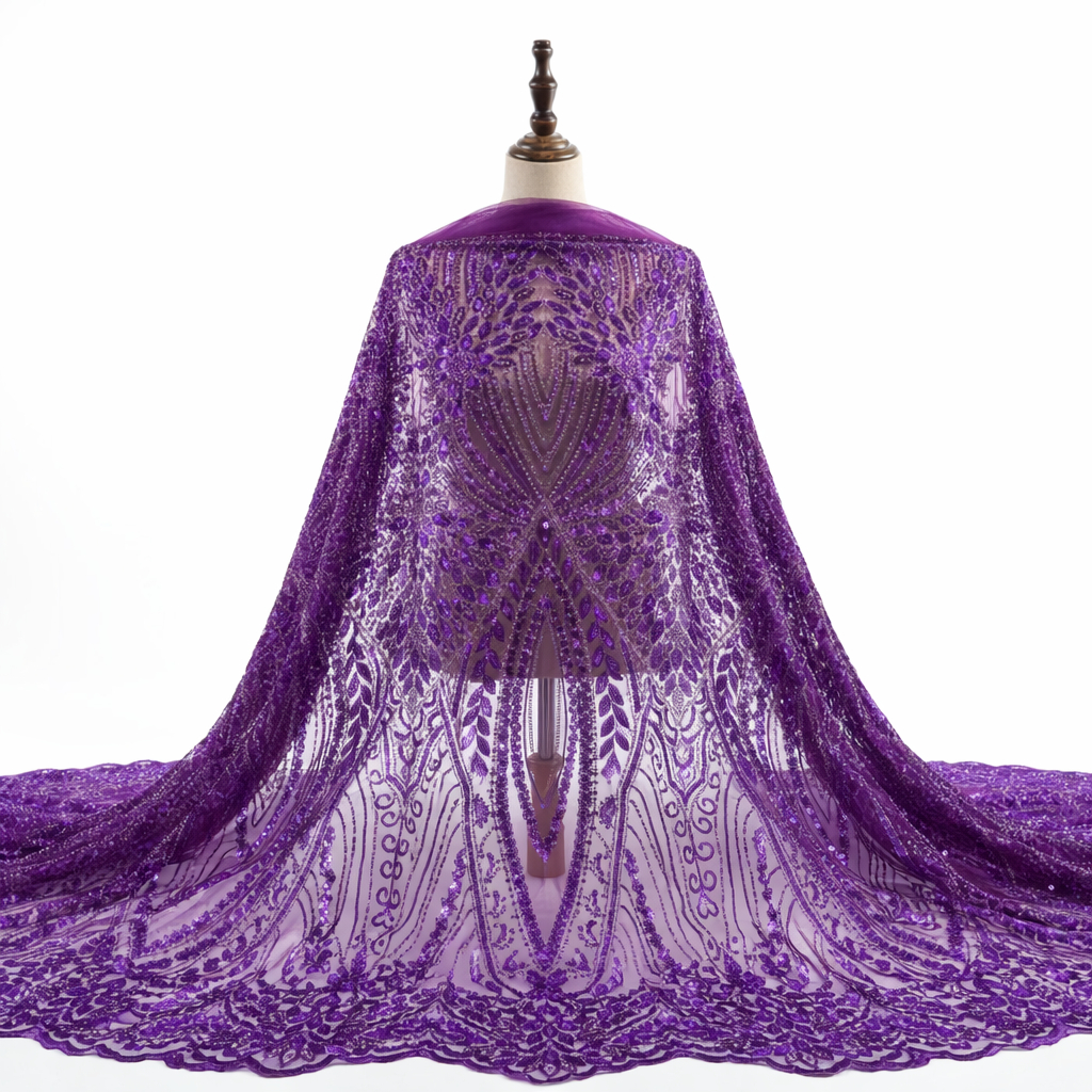 Sheer Purple Beaded Lace Fabric with Ornate Pattern